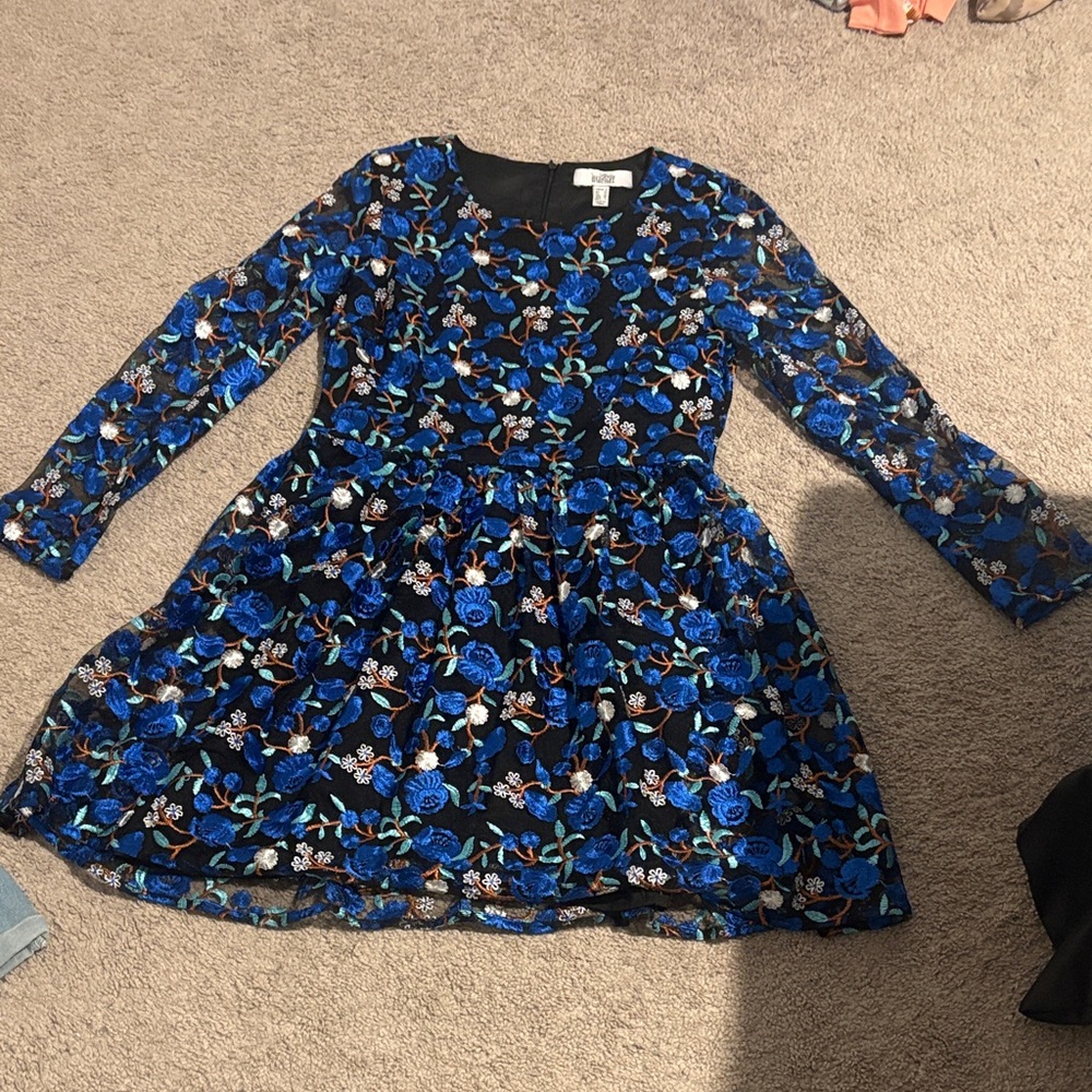 Badgley Mischka Black Dress with Blue Floral Embroidery
